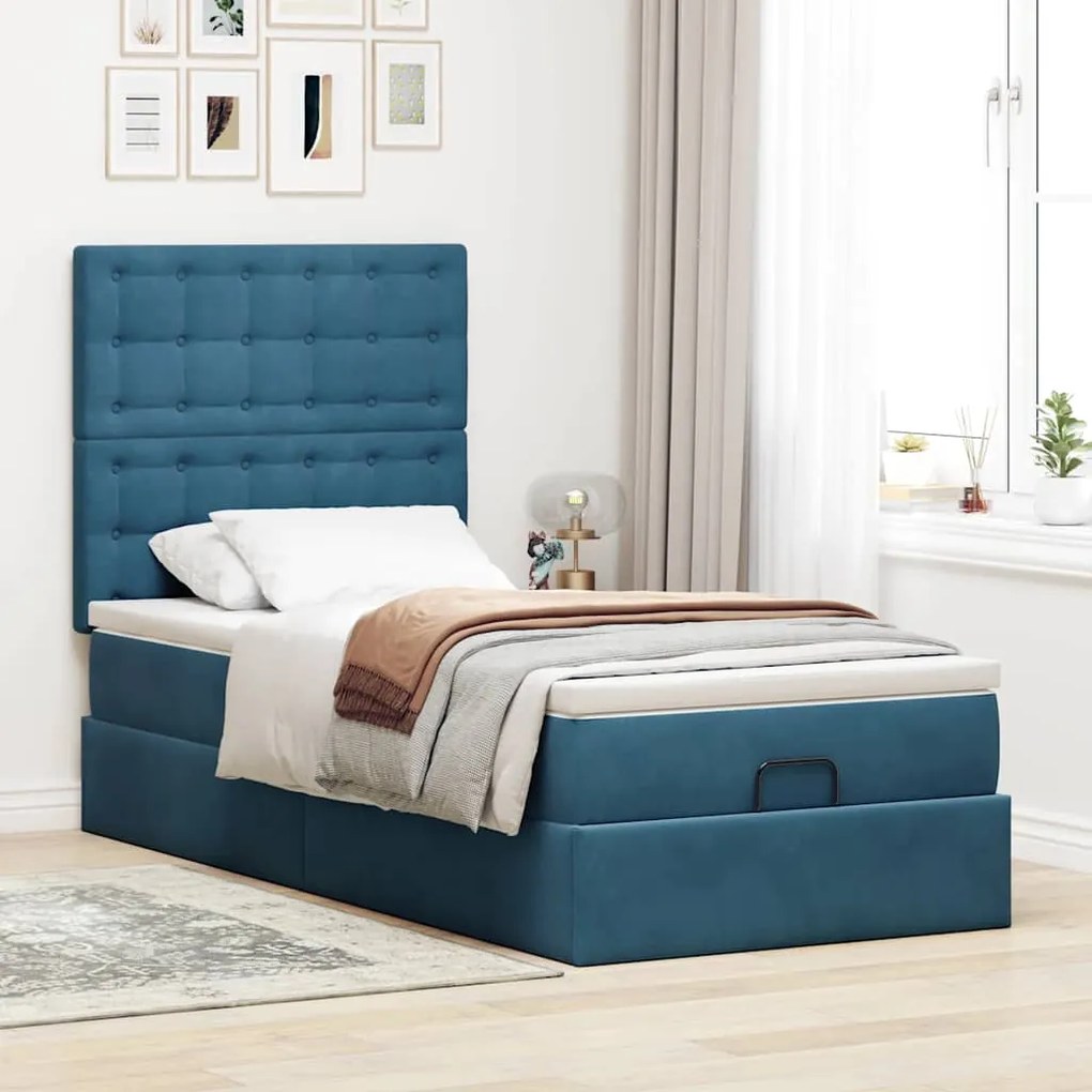 Estrutura de cama otomana com colchões azul escuro veludo