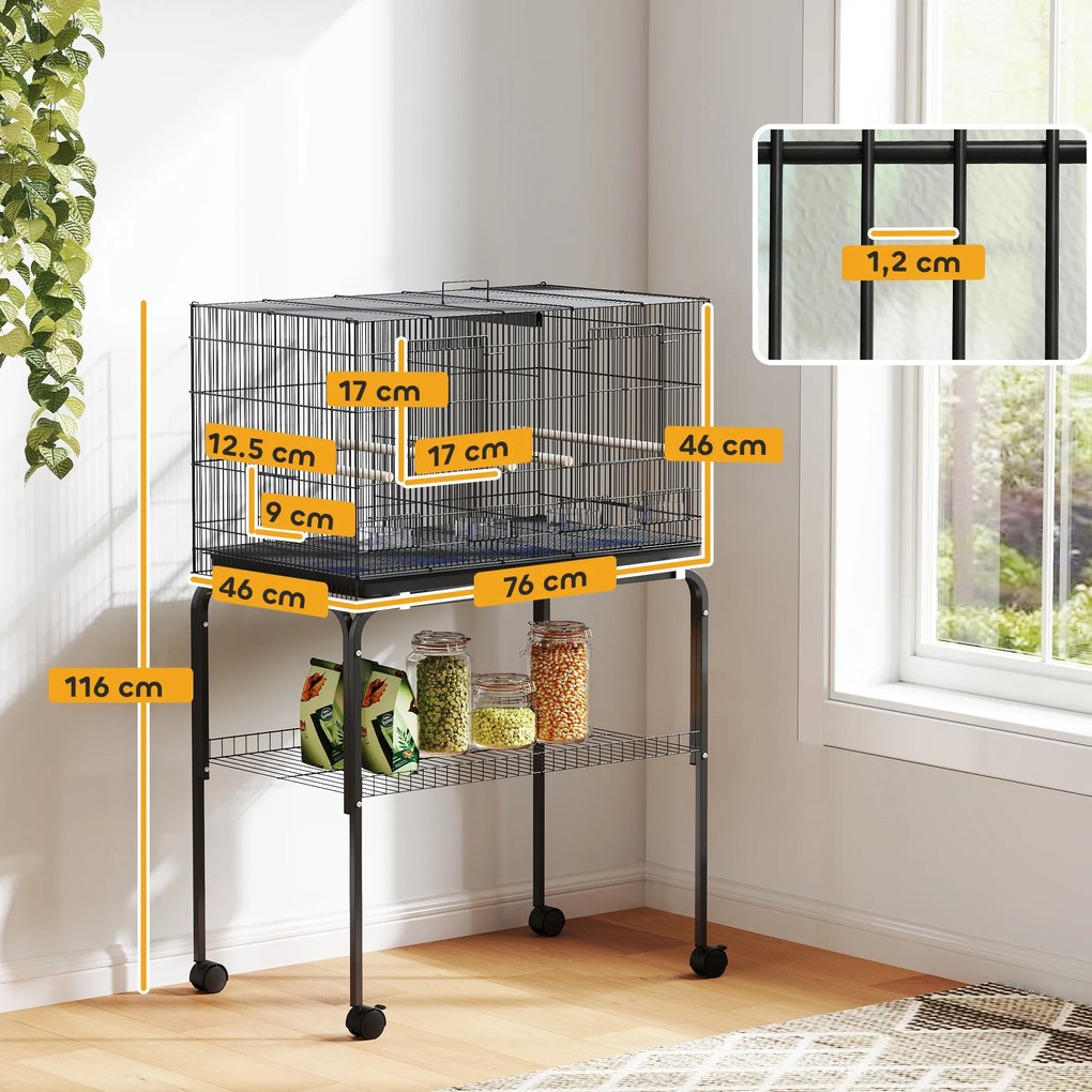Gaiola para Pássaros com Divisória Rodas Gaiola para Aves com Comedouros Poleiros e Bandeja Removível 76x46x116 cm Preto