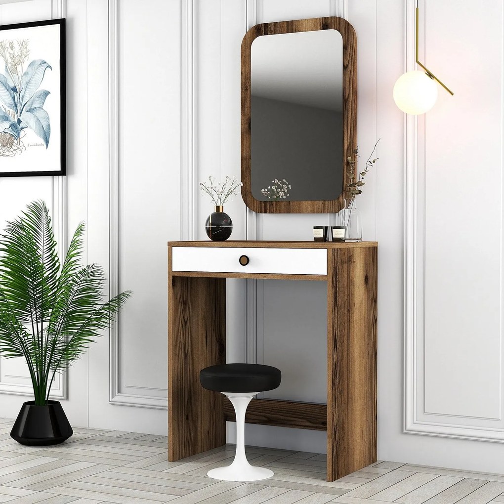Mesa de Maquilhagem Lizbon Mirror – Nogueira e Branco – 70x40x84,7 cm