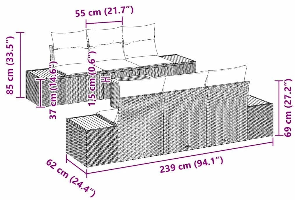 Conjunto de Sofá de Jardim de 7 Peças com Almofadas Bege em Rattan e A