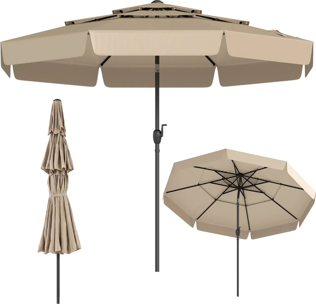 Guarda-sol de 300 cm com teto ventilado (BASE NÃO INCLUIDA), 3 níveis de folhas, inclinação ajustável por manivela e 8 varas – para jardim, piscina e
