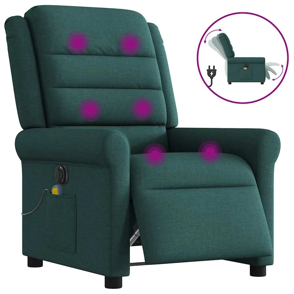 vidaXL Poltrona reclinável de massagens elétrica tecido verde-escuro