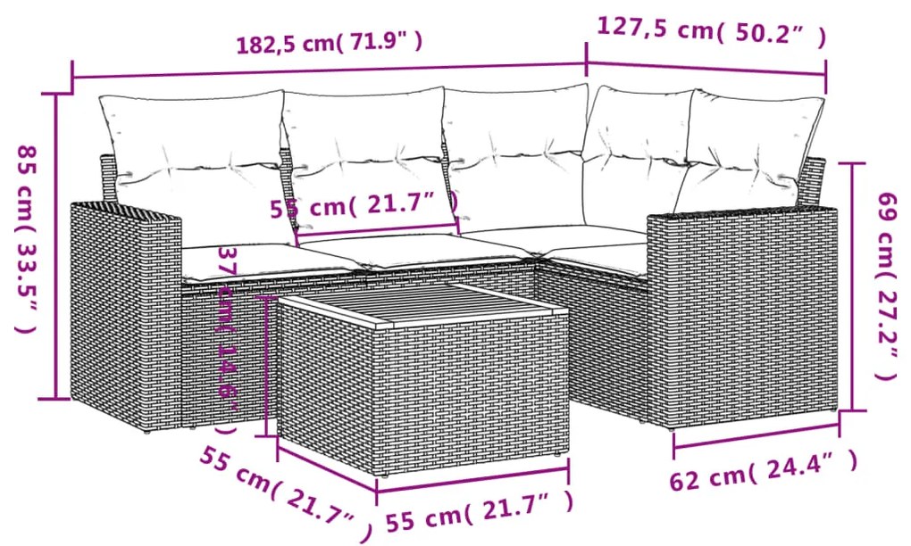 5 pcs conjunto de sofás p/ jardim com almofadões vime PE bege