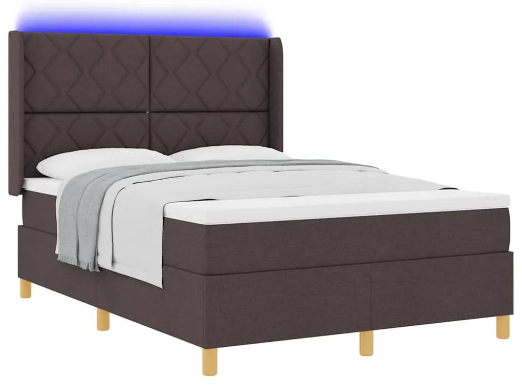 Cama Box com Colchão e LED Castanho Escuro 140x190 cm em Tecido