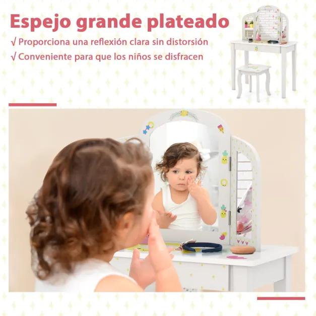 Toucador e banco infantil com gaveta de armazenamento removível com espelho de 3 painéis branco