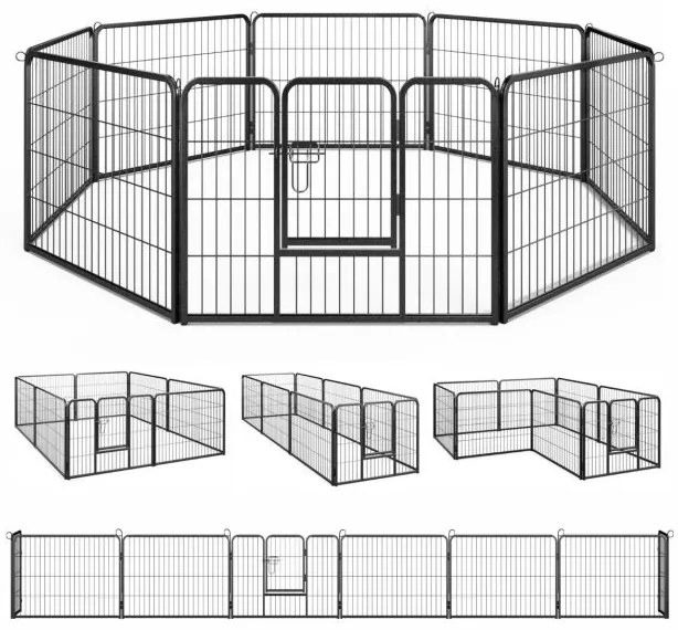 Parque para cães com 8 painéis Altura 80 cm Interior/Exterior Parque de metal resistente para animais de estimação Animais médios Preto