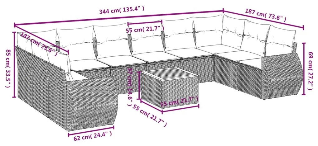 11 pcs conjunto sofás de jardim c/ almofadões vime PE preto