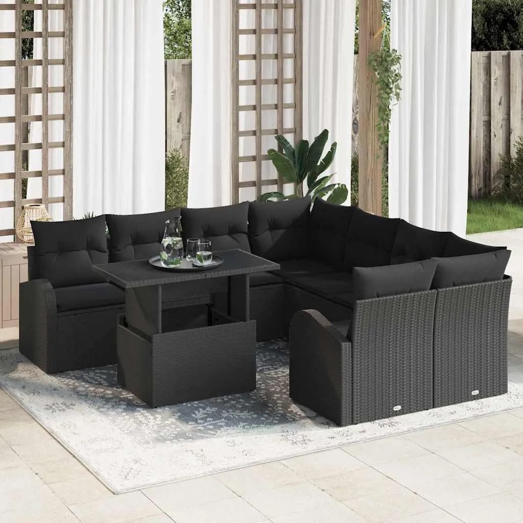 vidaXL Conjunto de Sofá de Jardim 9 pcs Preto Rattan de Polipropileno