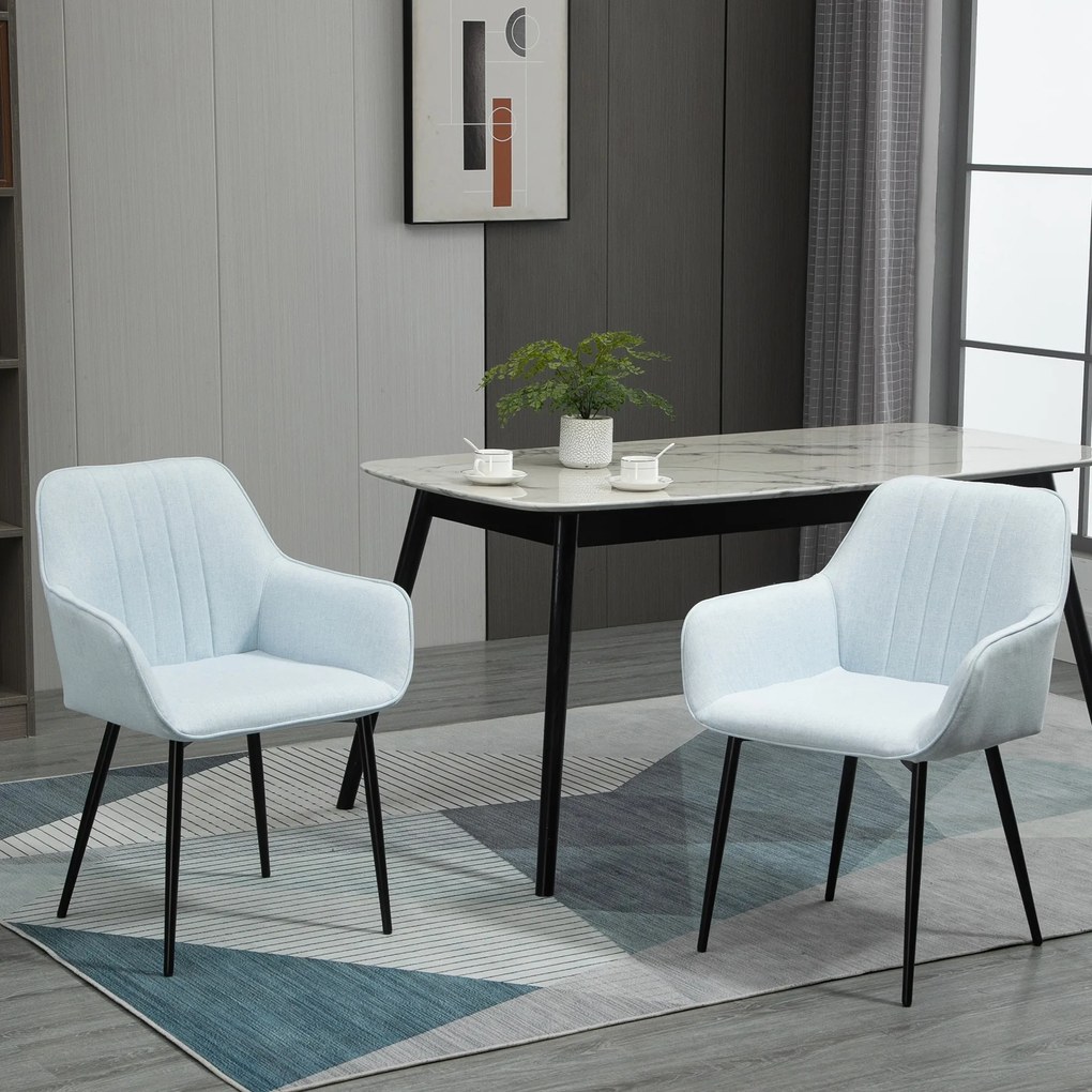 HOMCOM Conjunto de 2 cadeiras de jantar decorativas estofadas em linho com encosto ergonômico, braços e pernas de metal 59,5x56,5x81 cm azul