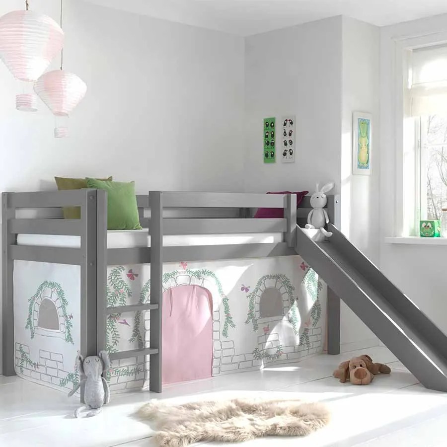 Conjunto Cama alta de Criança PINO 90 x 200 cm + estrado + escada + escorrega + tunel + cortina Passaros Cinzenta
