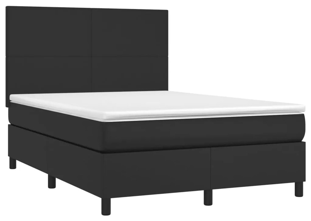 Cama box spring c/ colchão/LED 140x200cm couro artificial preto