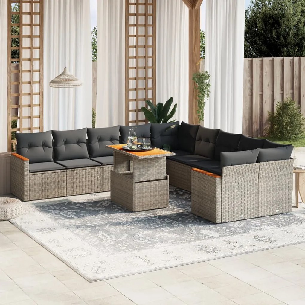 11 pcs conjunto sofás de jardim c/ almofadões vime PE cinzento