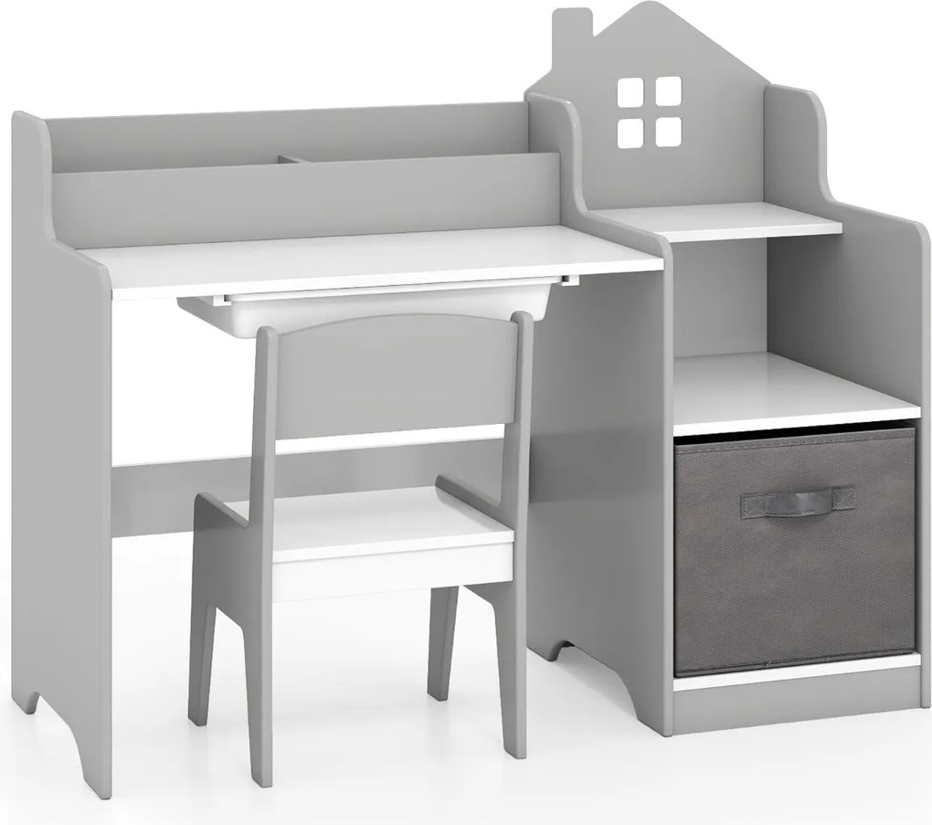Conjunto de secretaria e cadeira de estudo para crianças com prateleiras abertas Gaveta e cesto de tecido Cinzenta