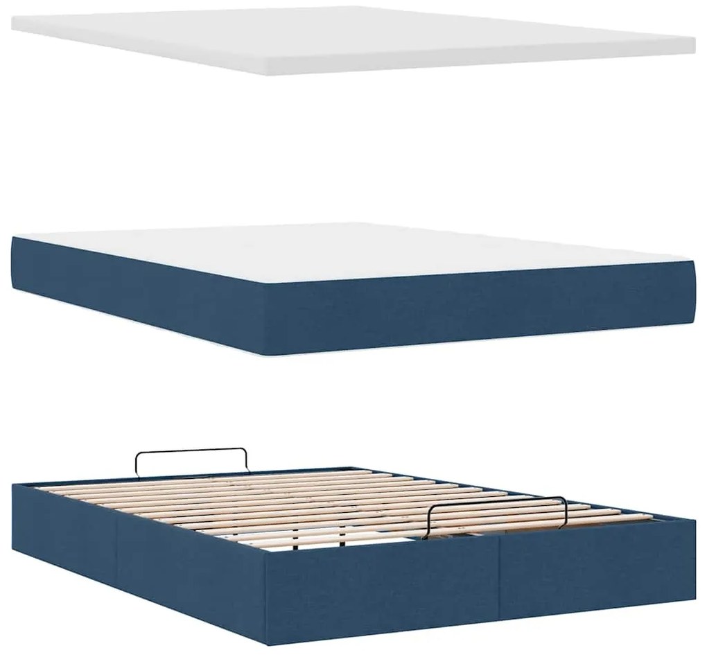 Estrutura de cama otomana com colchão tecido azul 140x200cm