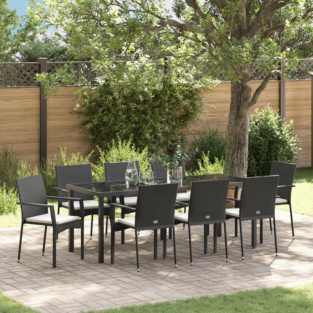 vidaXL Conjunto de Jantar Jardim 9 Peças com Almofadas Preto Rattan Poly