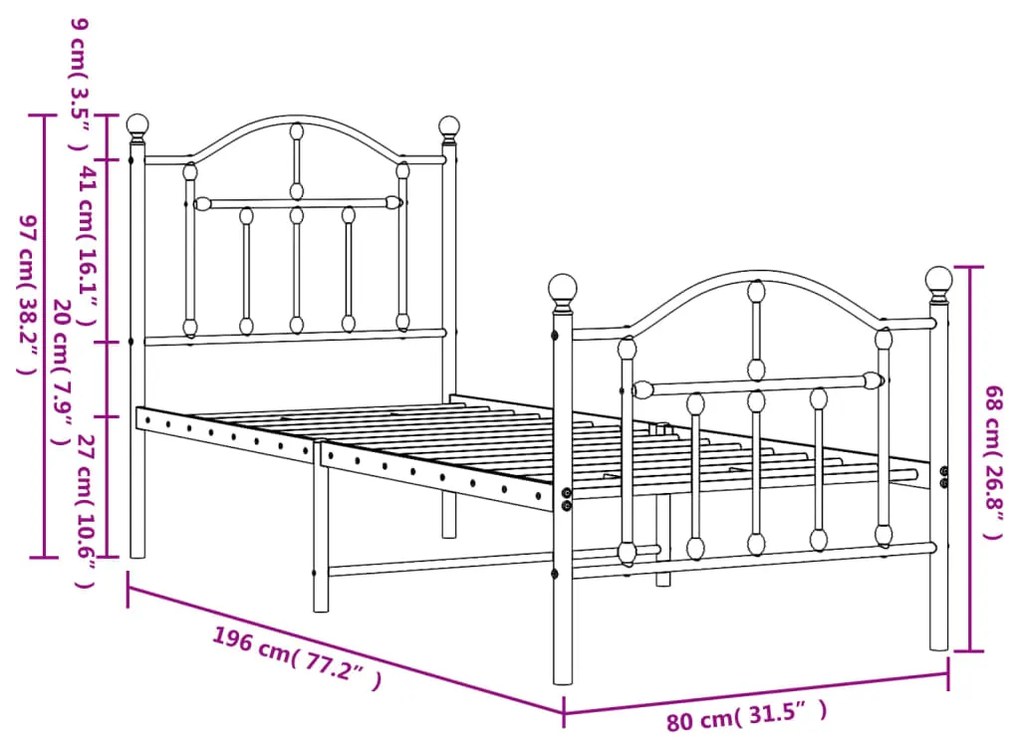 Estrutura de cama com cabeceira e pés 75x190 cm metal branco