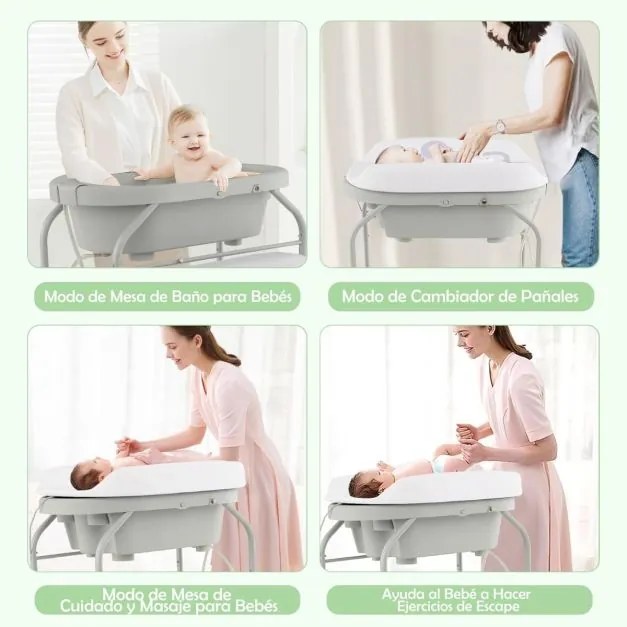 Troca-fraldas com banheira dobrável e portátil para bebés com bandeja de armazenamento e 4 rodas universais com travas, carga 35 kg, cinza