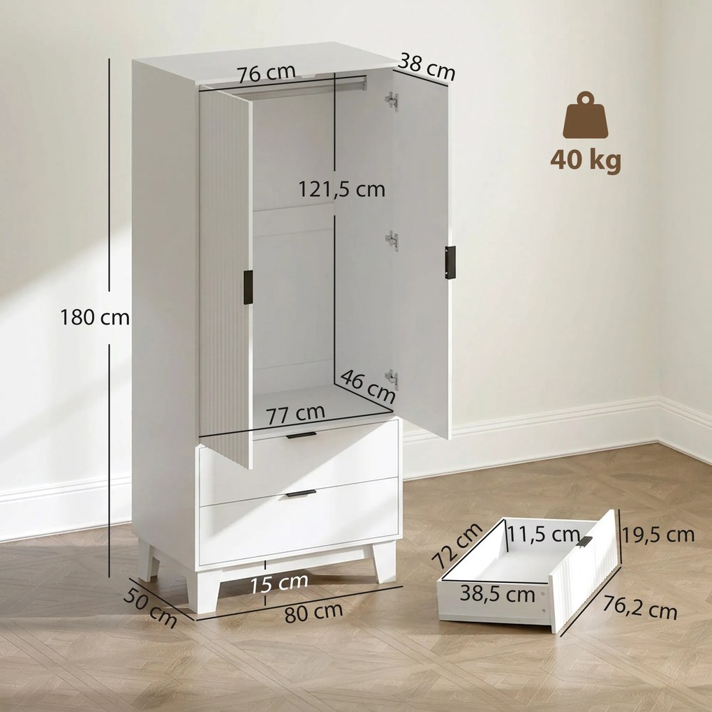 Roupeiro de Quarto, 80 x 50 x 180 cm, Fecho Suave, Branco