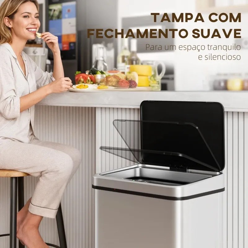 Caixote de Lixo 35,5x26x83,5 cm Automático 50 L em Aço Inoxidável com Sensor Infravermelhos e Aro de Retenção Prata