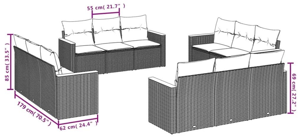 12 pcs conjunto de sofás p/ jardim com almofadões vime PE bege