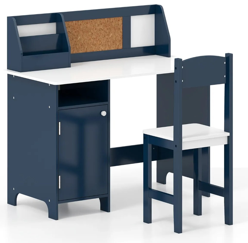 Conjunto de Secretaria e cadeira para crianças com quadro negro, marcador, prateleira e armário de armazenamento Azul
