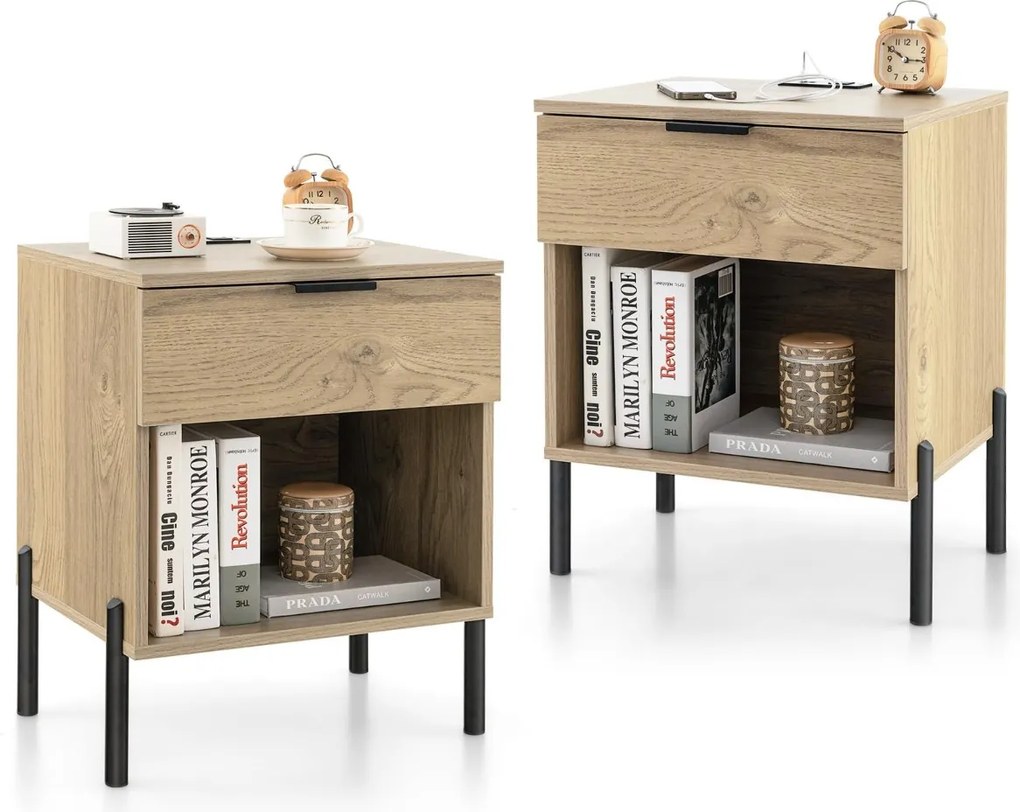Conjunto de 2 mesas de cabeceira, mesas apoio 45 x 40 x 58 cm com estação de carregamento Sala Quarto Natural