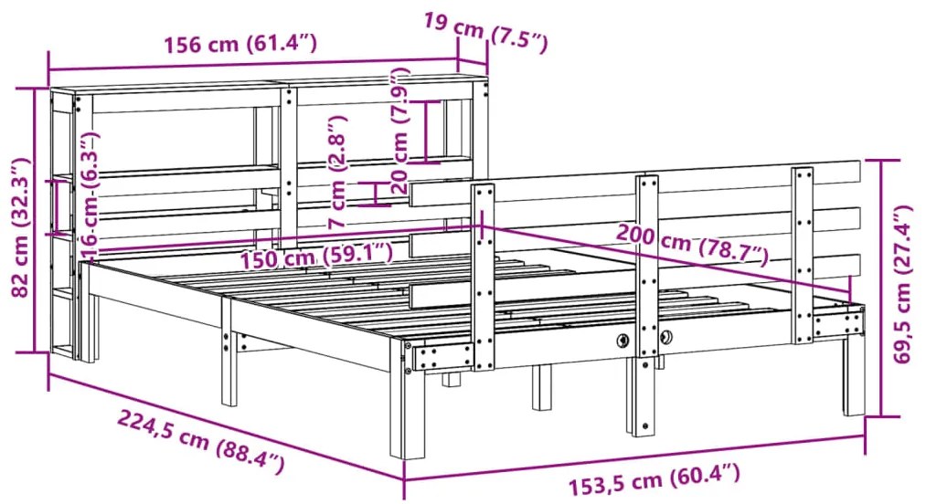 Estrutura de cama c/ cabeceira 150x200 cm pinho maciço branco