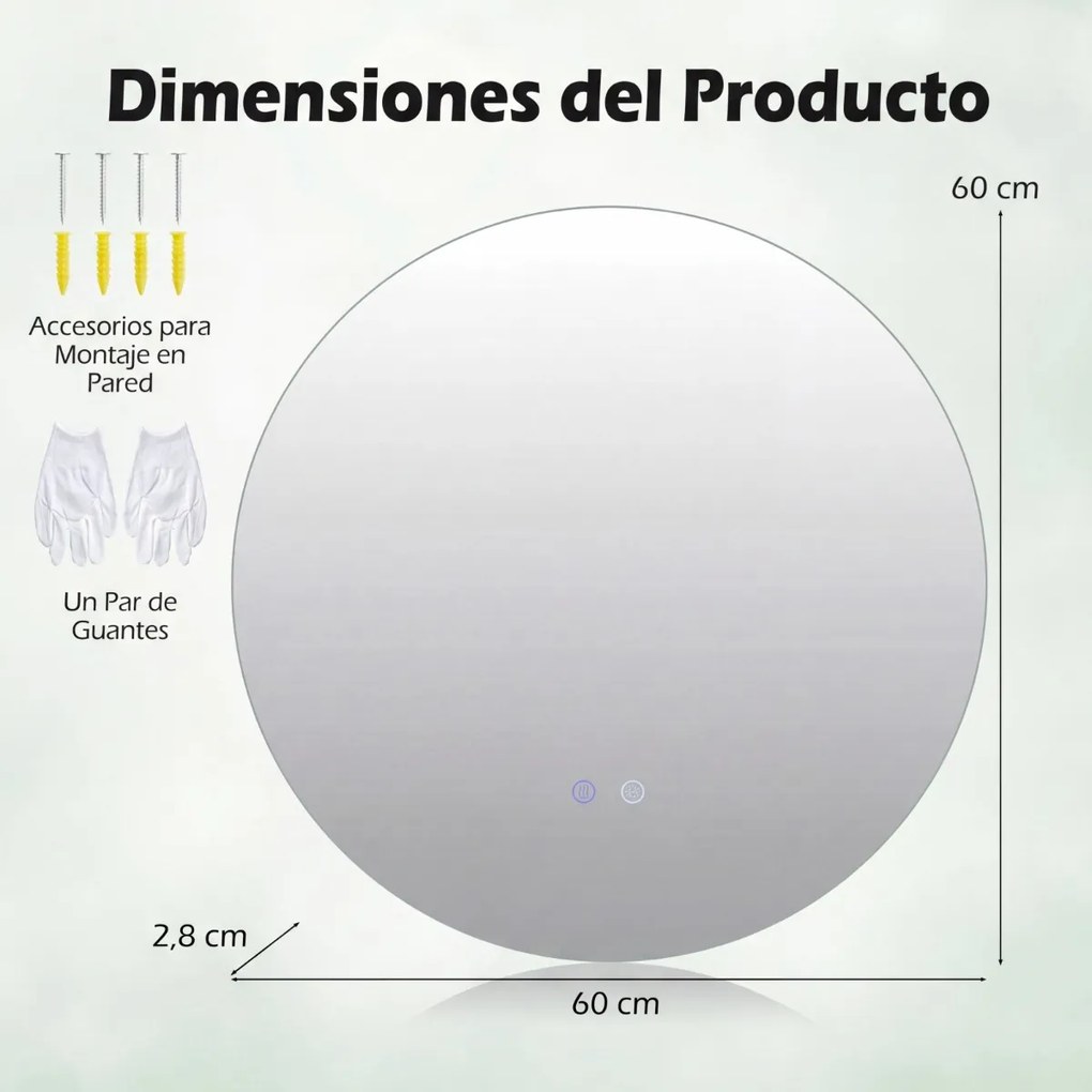Espelho redondo LED de 60 cm com luz; espelho de casa de banho para montagem na parede com intensidade de luz ajustável e controlo tátil