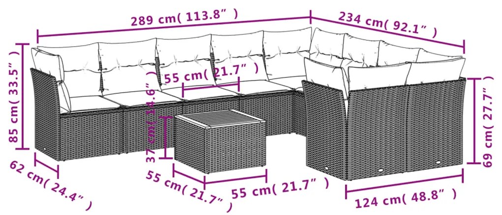 10 pcs conjunto de sofás p/ jardim com almofadões vime PE bege