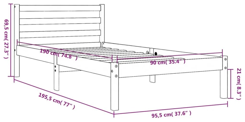 Estrutura de cama 90x190 cm madeira pinho maciça castanho cera