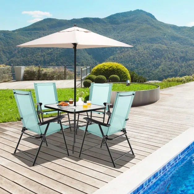Conjunto de 4 cadeiras de jardim dobráveis e portáteis com encosto em tecido Estrutura metálica para terraço de piscina 65 x 60 x 93 cm Verde