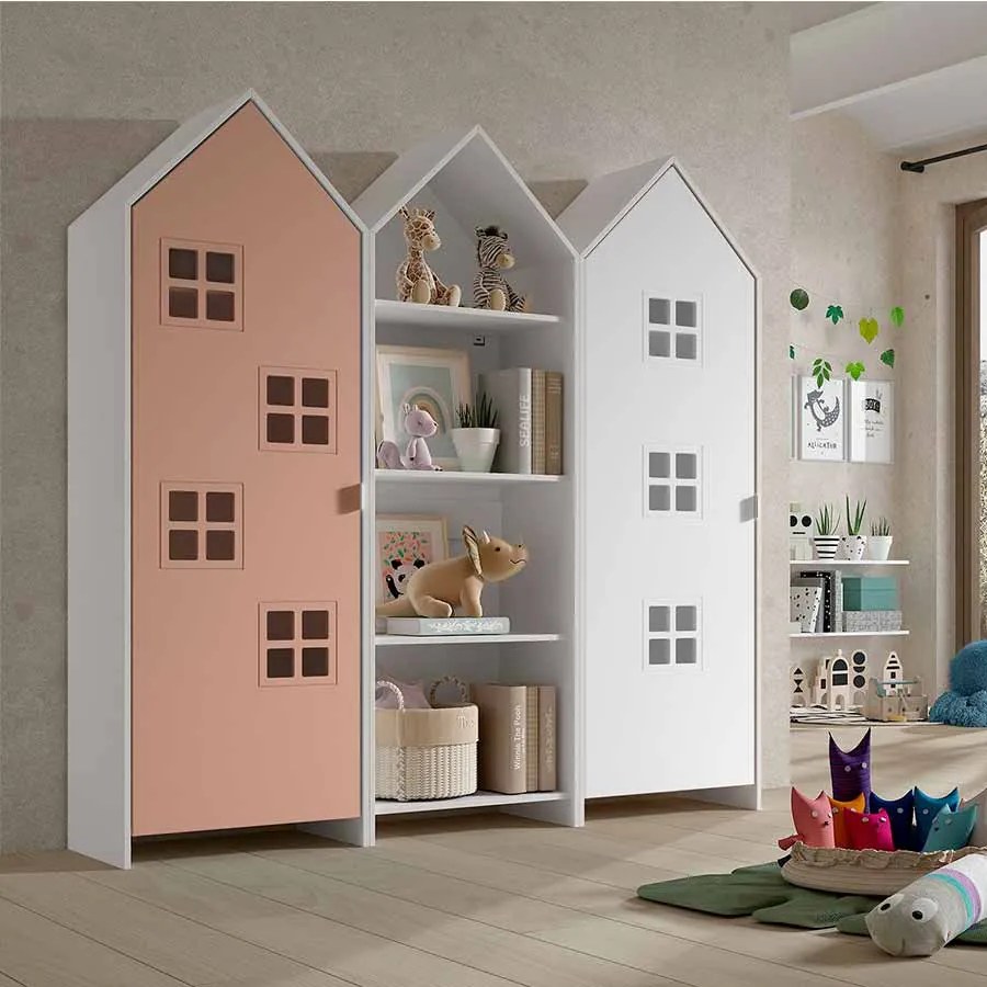 Conjunto 2 armarios Guarda Roupa infantil + estante infantil coleção CASAMI Branco e Rosa