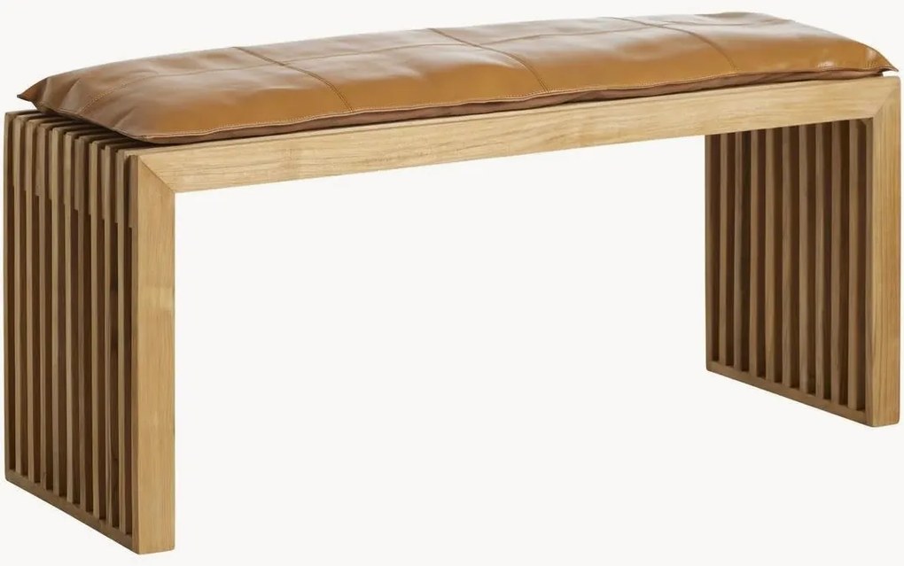 Banco artesanal em madeira de teca com almofada de couro Rib