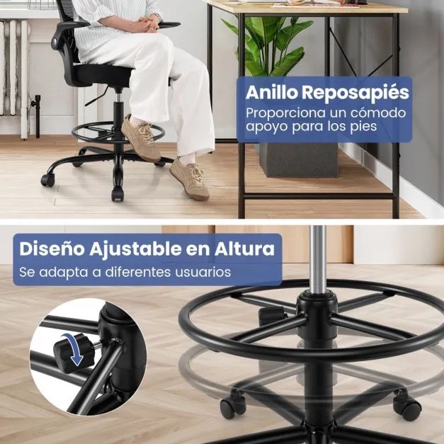 Cadeira de escritório giratória alta em malha com apoios de braços rebatíveis e apoio para os pés ajustável preta.