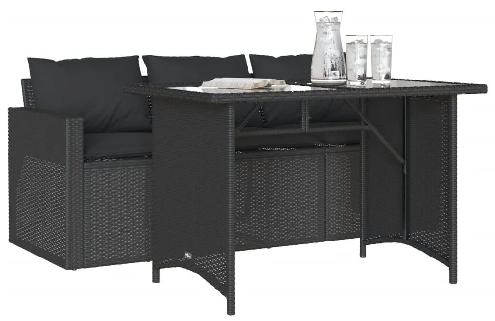 2 pcs conjunto de jantar p/ jardim c/ almofadões vime PE preto