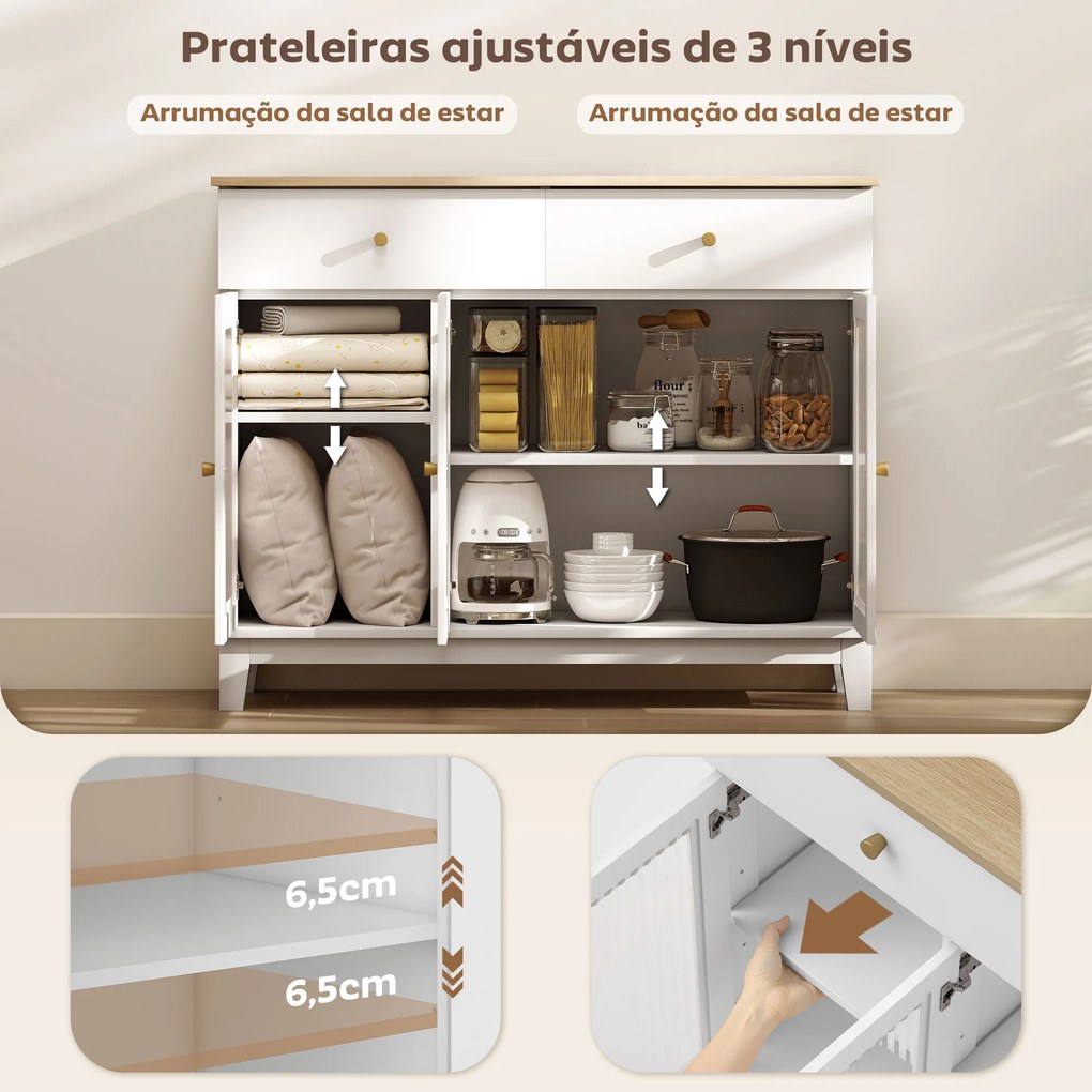 Aparador Branco 3 Portas de Vidro Aparador Sala de Estar Moderno com 2 Gavetas e Prateleiras Ajustáveis 100x35x80,3 cm