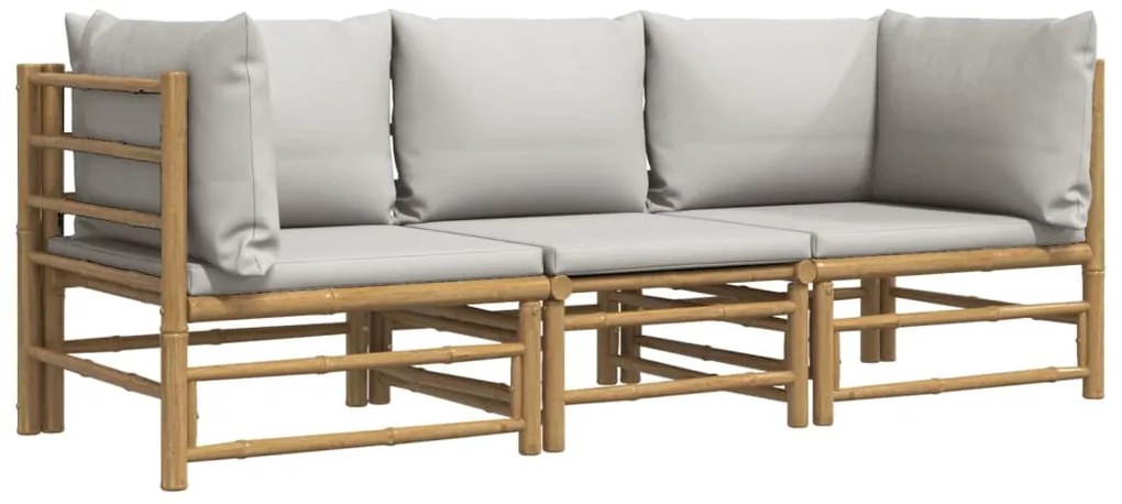3 pcs conj. lounge de jardim bambu c/ almofadões cinzento-claro