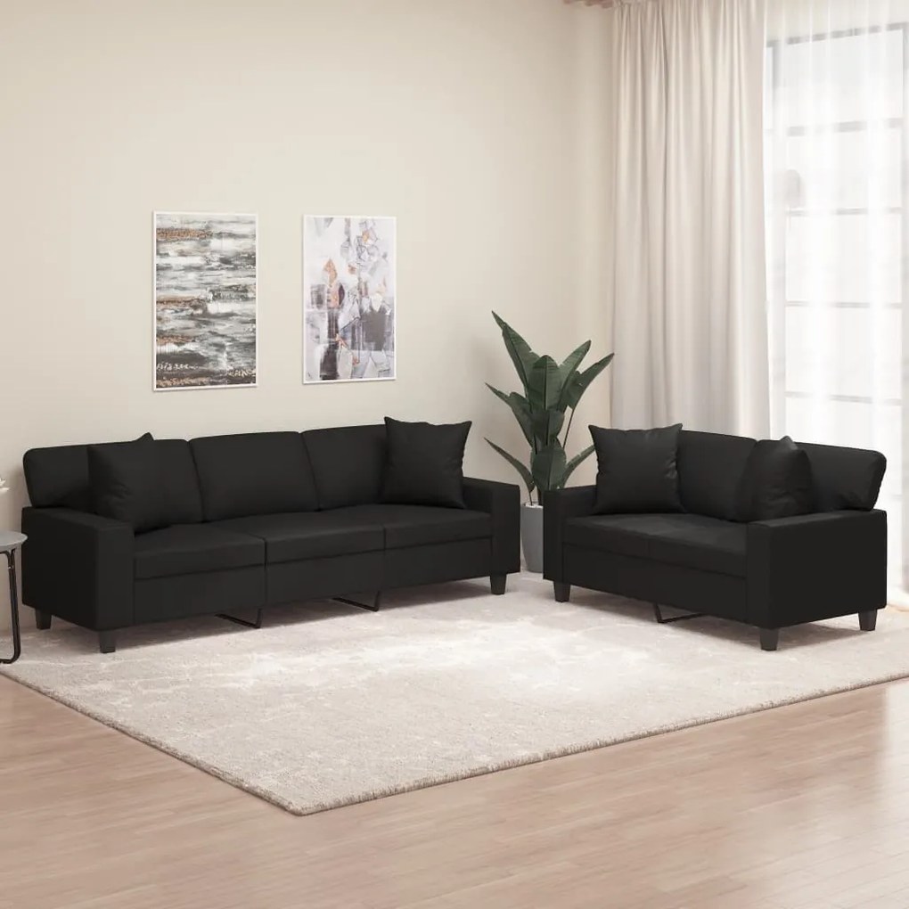 vidaXL 2 pcs conjunto sofás c/ almofadas/almofadões couro artif. preto