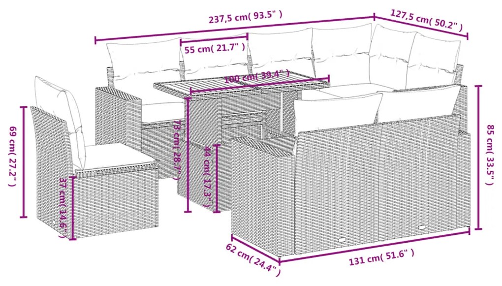 9 pcs conjunto de sofás p/ jardim com almofadões vime PE bege