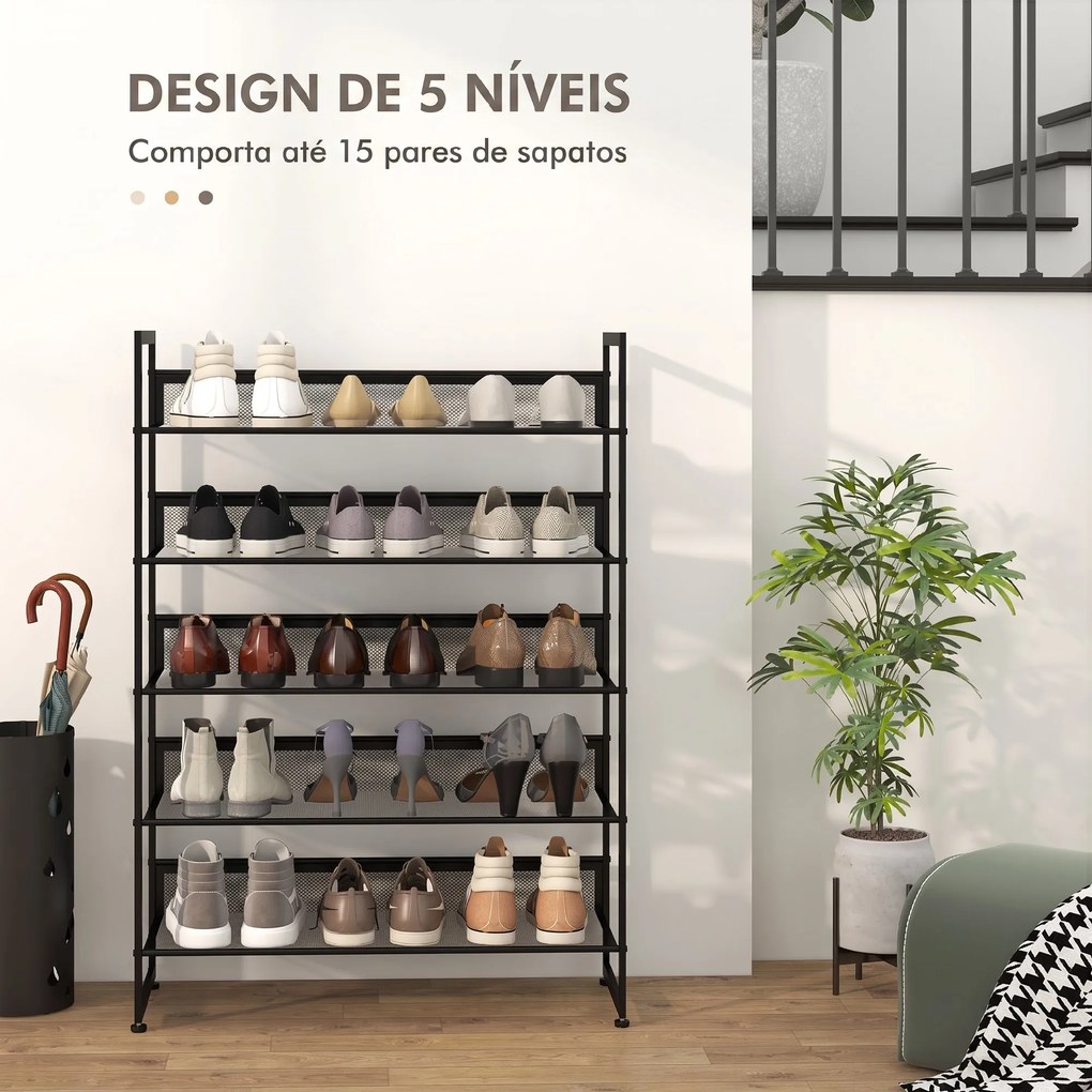 Sapateira Estreita de 5 Níveis em Aço para 15 Pares, 72 x 30 x 102 cm Preta