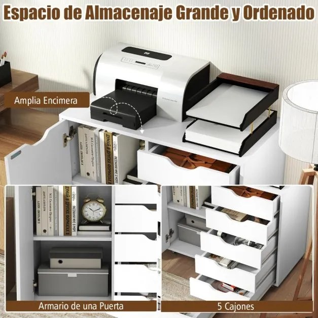 Arquivo escritório 78 x 40 x 65 cm com 5 gavetas com 4 rodas giratórias Branco