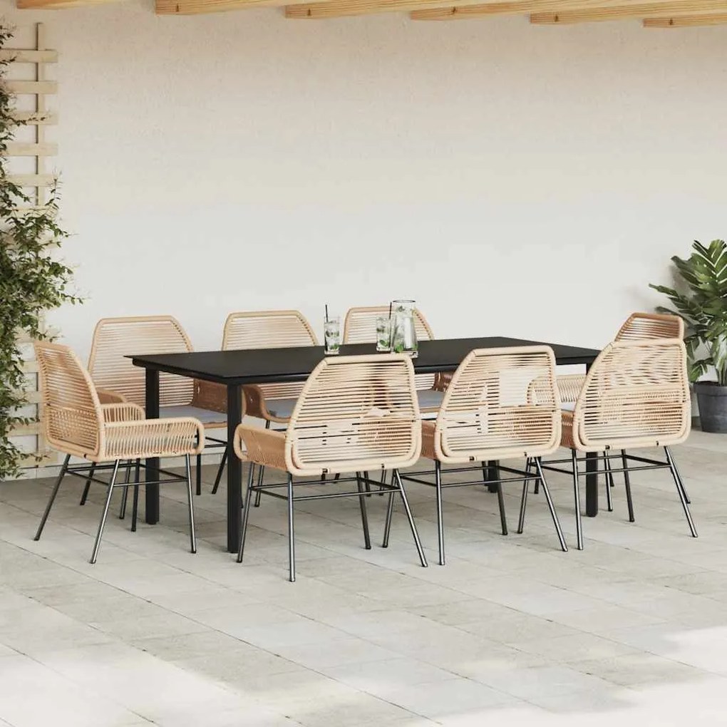 Conjunto jantar jardim 9 peças almofadas vidro vime PE castanho