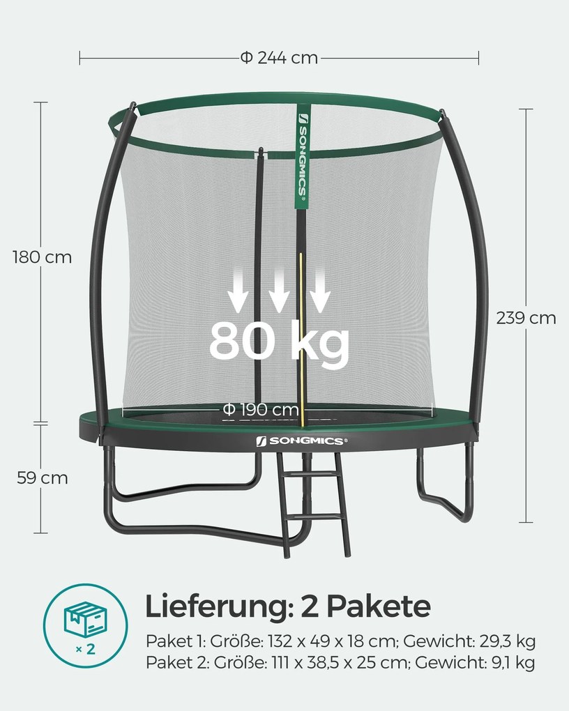 Trampolim Ø 244 cm com rede interna preto-verde escuro