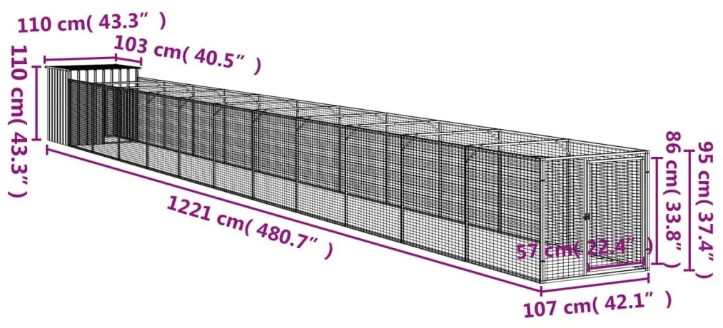 Casota cães c/ parque 110x1221x110 cm aço galvaniz. cinza-claro
