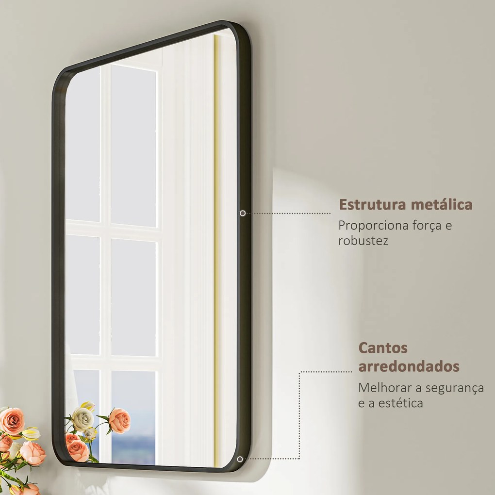 Espelho Casa de Banho 60x80 cm Espelho de Parede com Estrutura de Metal Vertical e Horizontal para Entrada Preto