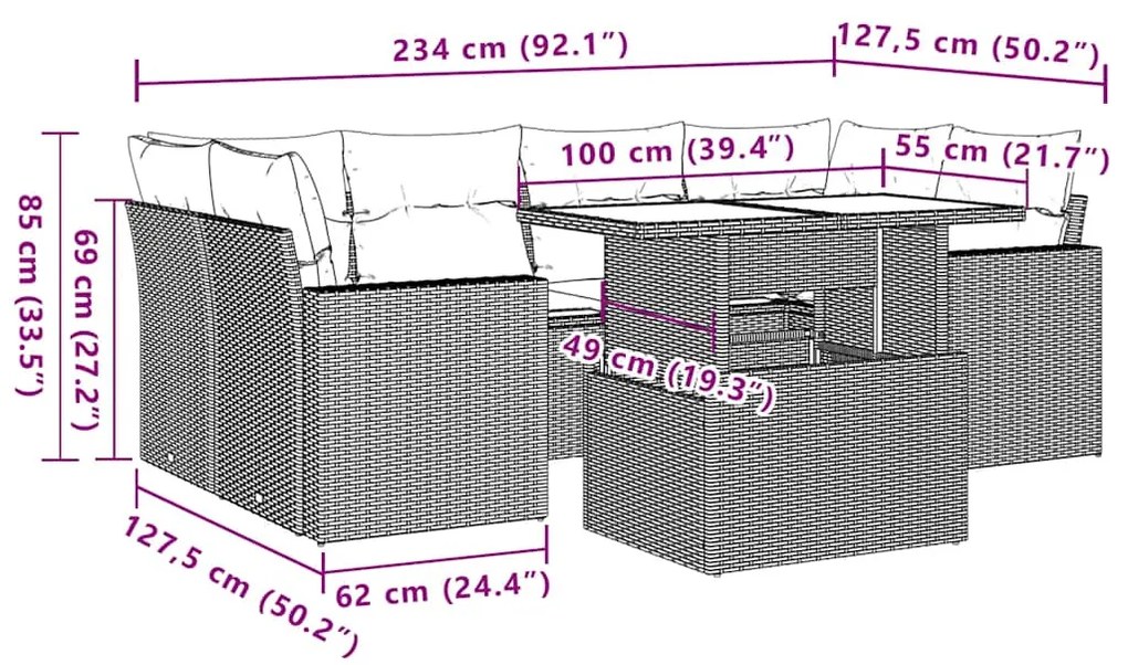 7 pcs conjunto de sofás p/ jardim com almofadões vime PE bege