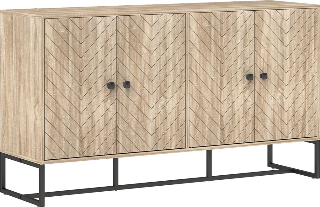 HOMCOM Aparador de Sala com 4 Portas com Design Chevron Prateleiras Ajustáveis Pés de Aço 140,5x40x81,5 cm Carvalho | Aosom Portugal
