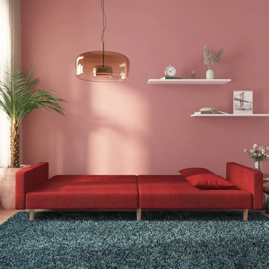 Sofá-cama 2 lugares com duas almofadas tecido vermelho tinto