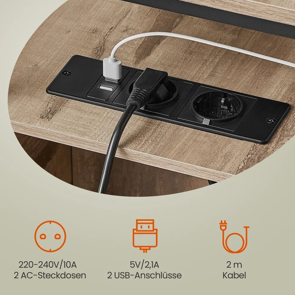 Mesa apoio, mesa de cabeçeira 60 x 35 x 61 cm com estação de carregamento e 2 gavetas castanho camelo-preto