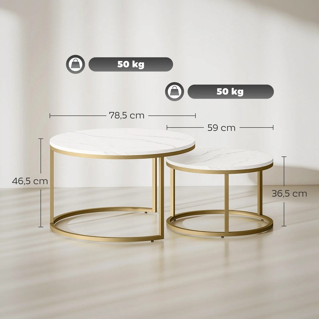 Conjunto de 2 Mesas Baixas Encaixáveis, 78,5 x 78,5 x 46,5 cm, Tampo com Imitação de Cimento, Branco e dourado